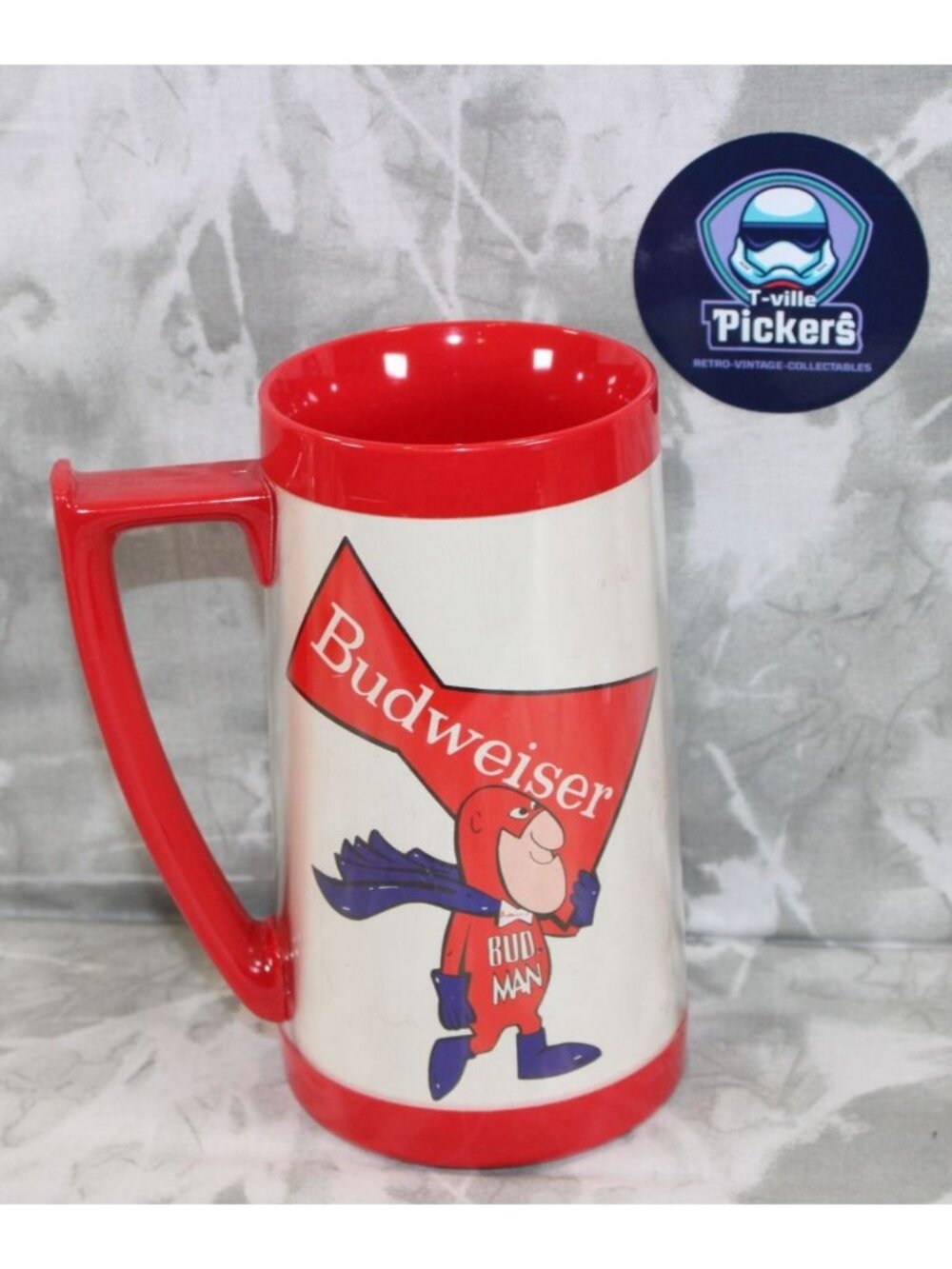 Vintage 70s USA Made Thermo-Serv Budweiser Bud Man Carrying Budweiser Beer Mug S